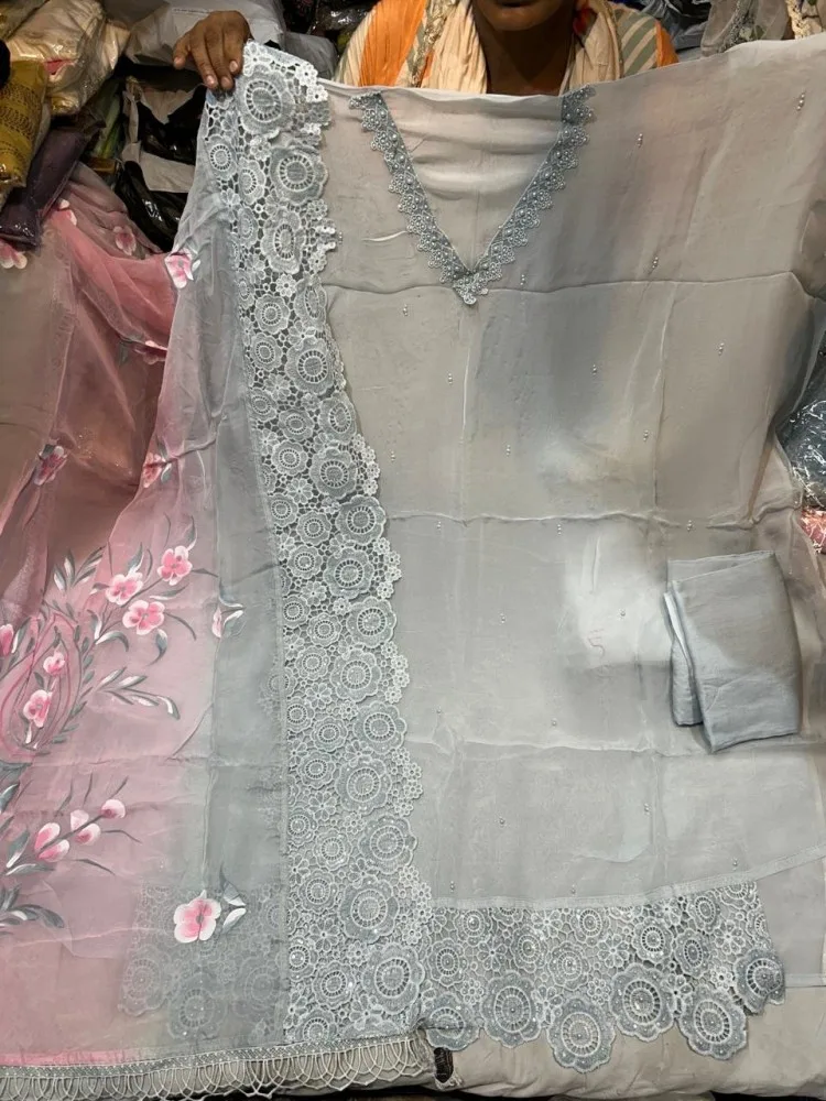 Elegant Light Blue Chiffon Embroidered Unstitched Suit Set