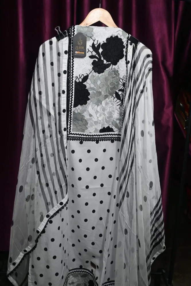 Pure Cotton Kurti Set with Polka Dot Neck & Border Thread Work, Digital Printed Chiffon Dupatta & Rayon Bottom