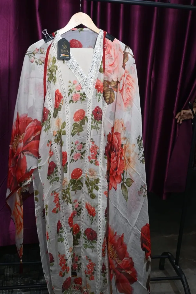 Premium Soft Organza Semi-Stitched Suit with Orange Digital & 3D Print, Digital Printed Dupatta & Cotton Bottom