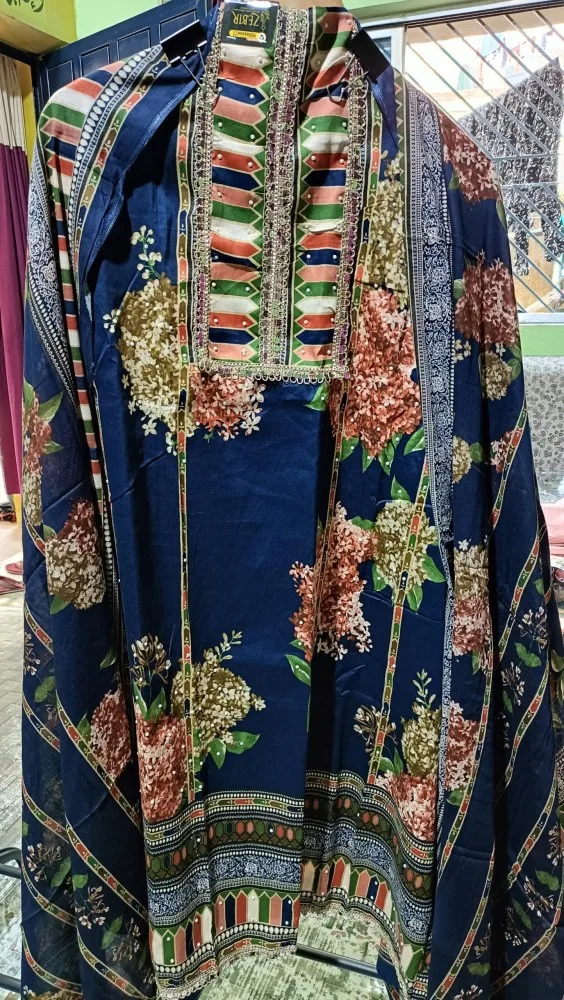 JAAM COTTON SATEN NAVY BLUE UNSTITCHED 3 PEICE SUIT