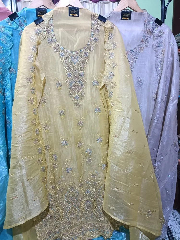 Majestic Golden Luxury Crunchy Semi-Stitched Suit: Heavy Pakistani Thread Work