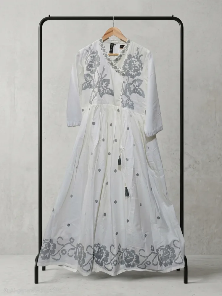 Women's Premium White Mal Cotton 3-Piece Anarkali Frock Set with Printed Dupatta & Bottom | Floral Thread & Sequin Work