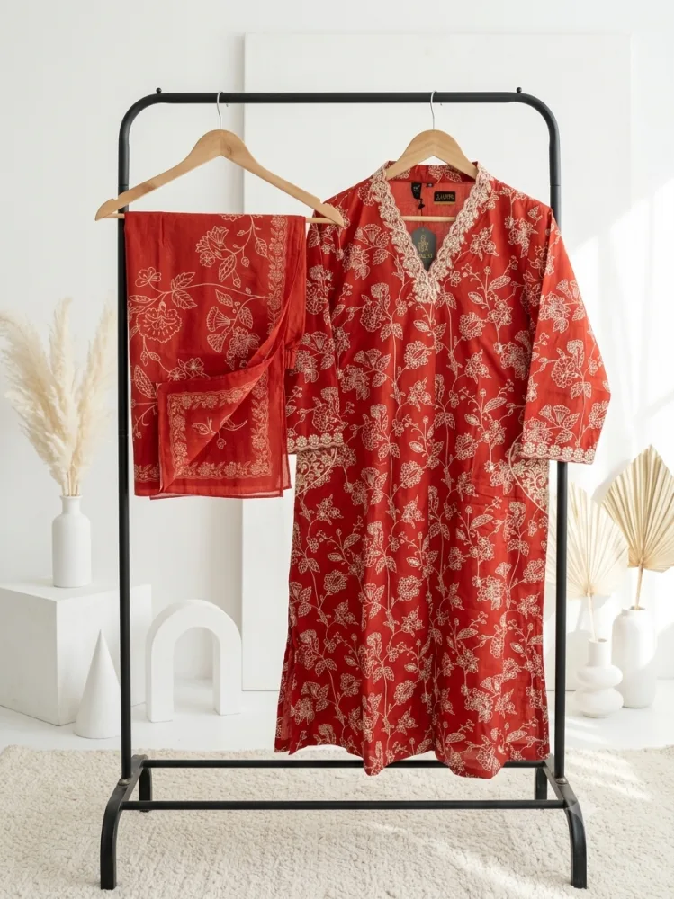 Premium Pure Cotton A-Line Frock Suit Set with Printed Dupatta & Floral Thread Sequence Work